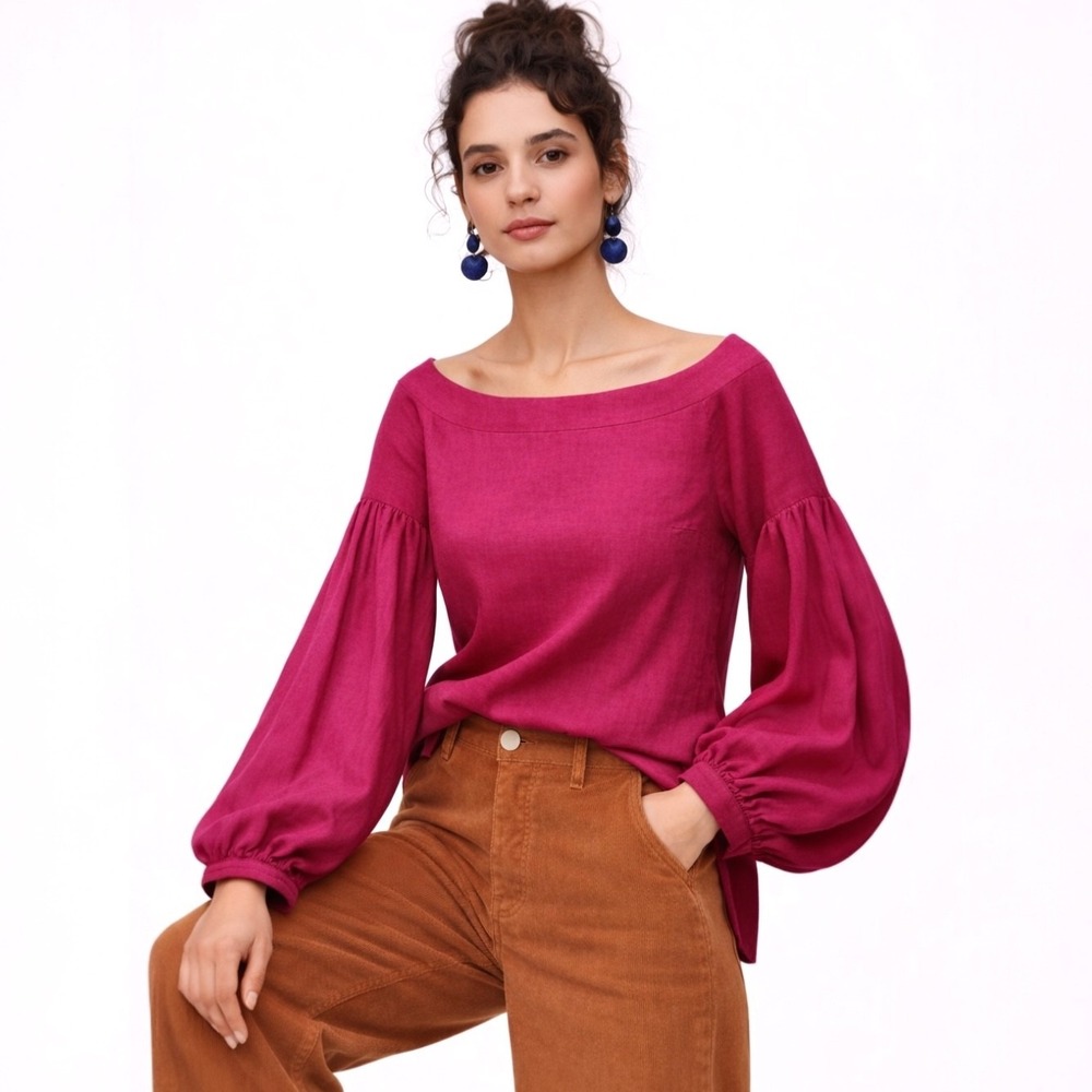 NWT Anthropologie Floreat Balloon Sleeve Peasant Top Size 6 Magenta Linen Blend